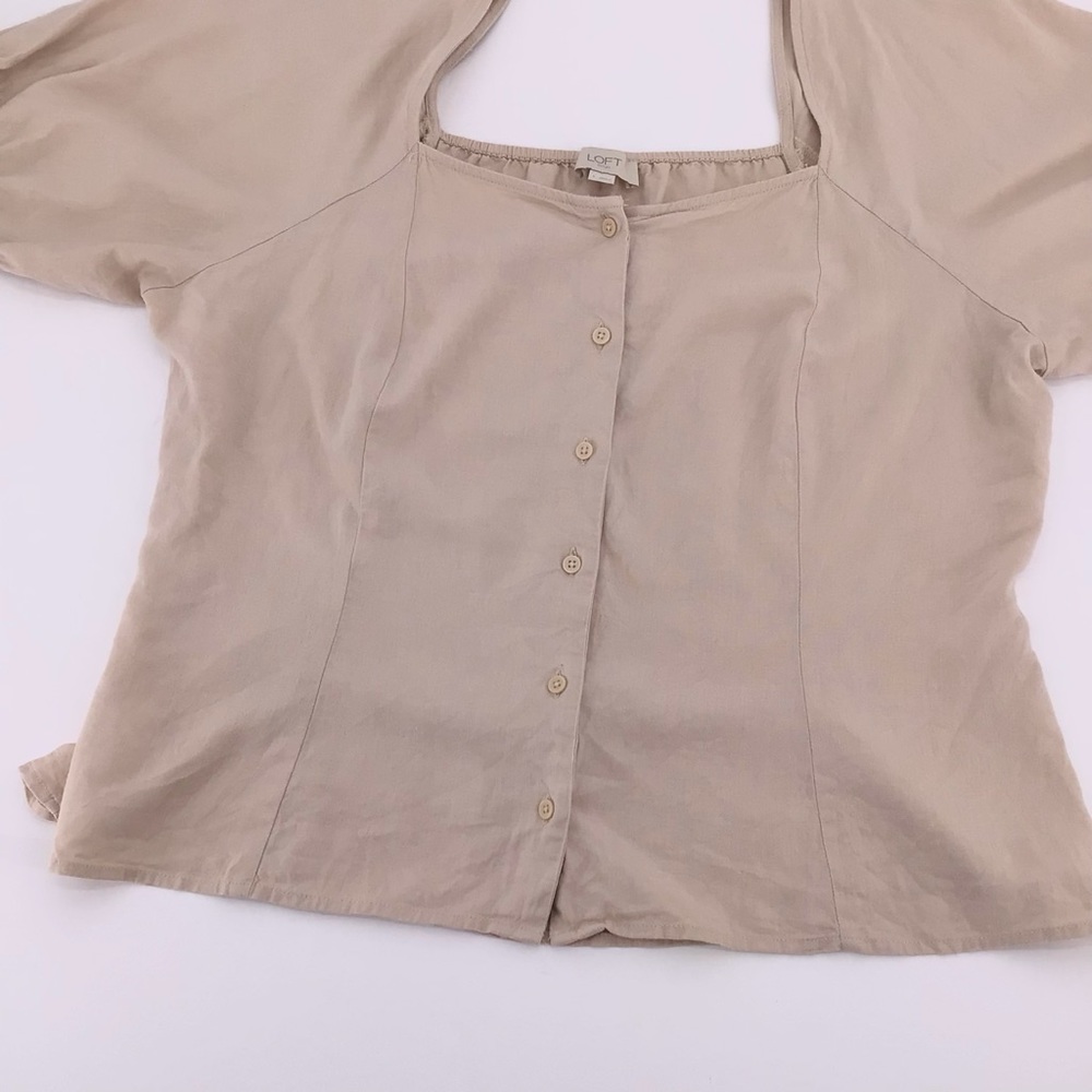 Loft Outlet Linen Square Neck Puff Sleeve Button Blouse Size Large - Picture 3 of 11